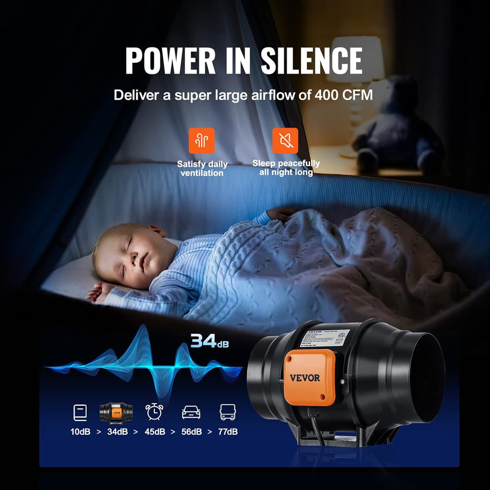 Inline Duct Fan, 6-Inch 400 CFM with Variable Speed Controller, Quiet Ac-Motor V