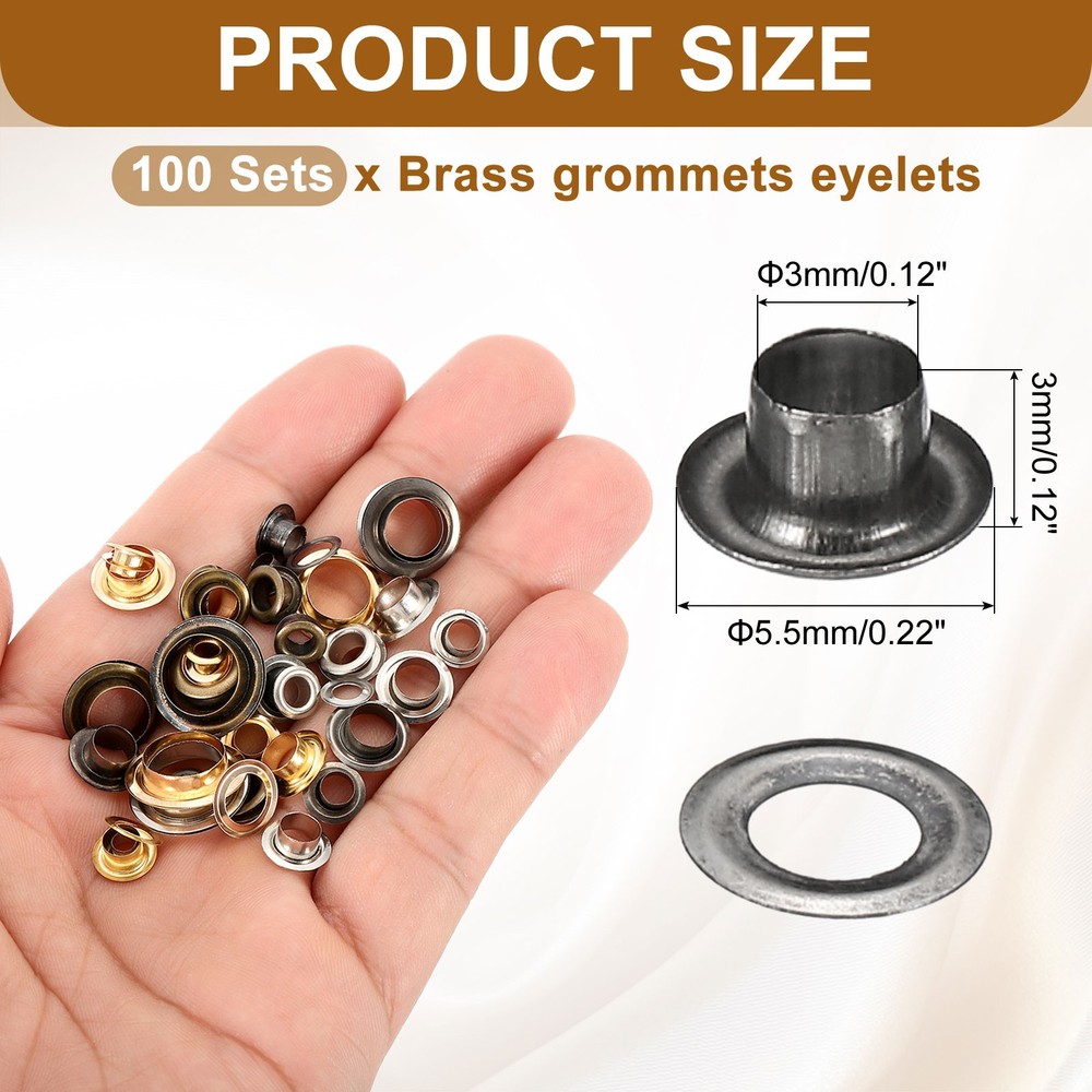 100 Sets Grommets Eyelets, 3mm Brass Self Backing Eyelets, Black