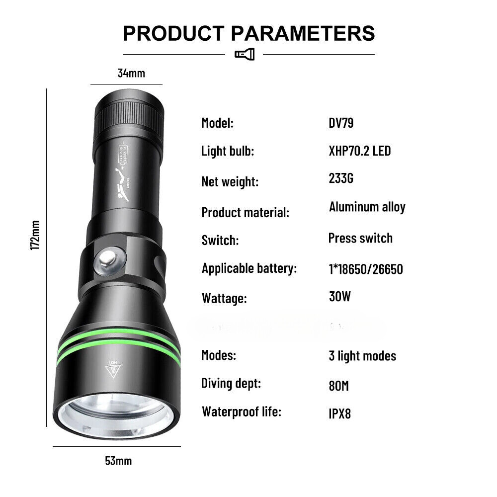 Professional LED Diving Flashlight Diving Torch Waterproof Underwater Lantern