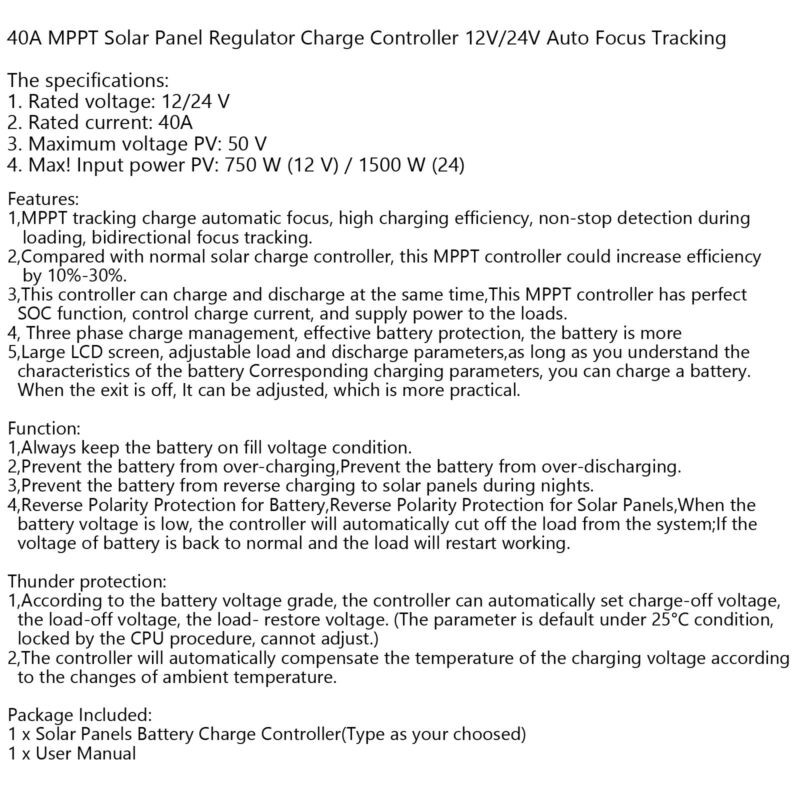 Regulator Dual USB Panel Auto Focus MPPT Solar 12V-24V Charge Controller 40A'