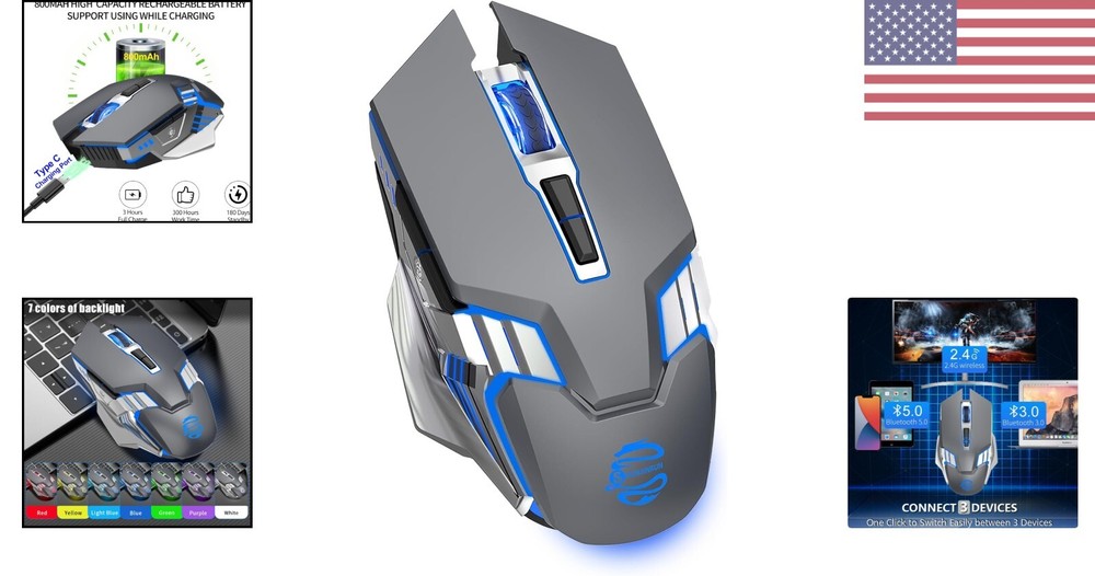 Multi-Mode Wireless Mouse - 2400 DPI - 7 Buttons - Rechargeable Battery - Grey