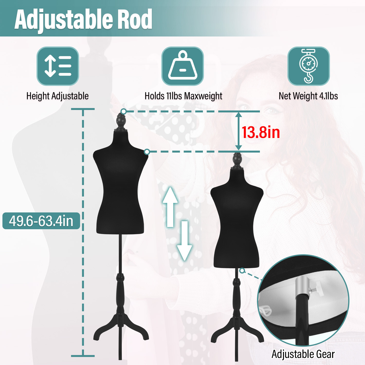 Mannequin Body Dress Form Torso Female Manikin 49.6-63.4 Inch Height Adjustable