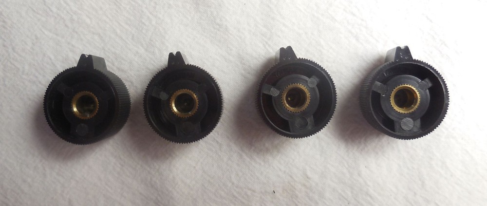 Qty(4) USED Black & Red Plastic Electronic Knobs 1/4 Shaft