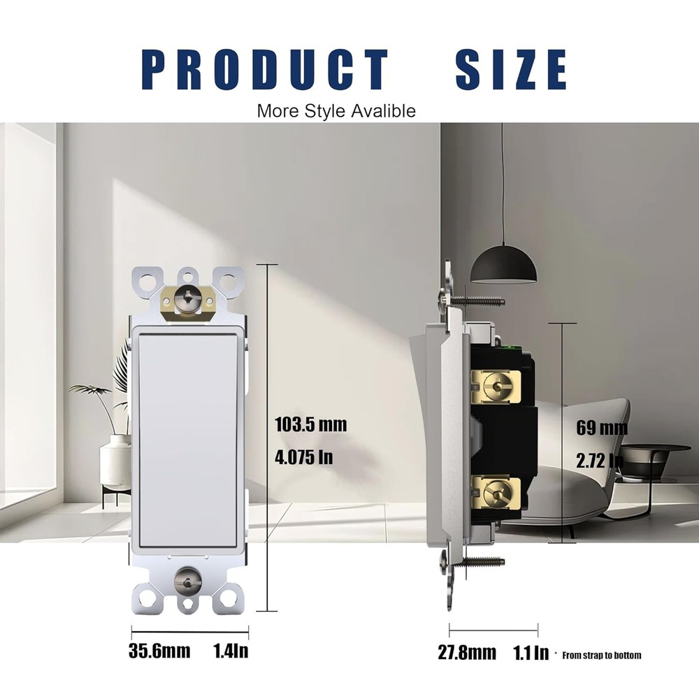 ThunderWay Single Pole Light Switch, Rocker Wall Light Switch, 15A 120/277V, Dec