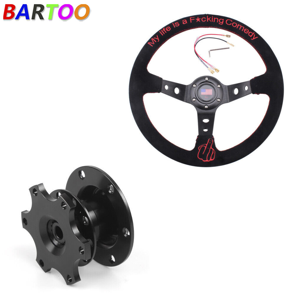 345mm Deep Dish Racing Suede Steering Wheel Middle Finger w/ Quick Release Kit