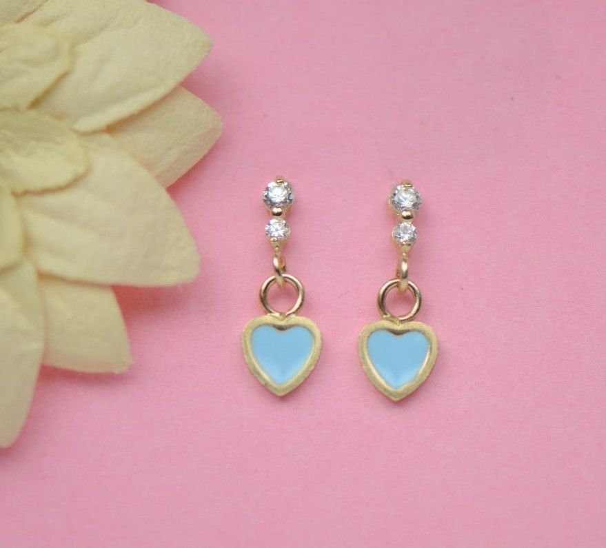 14K Solid Yellow Gold Enamel Heart Shape Dangle Stud Earring