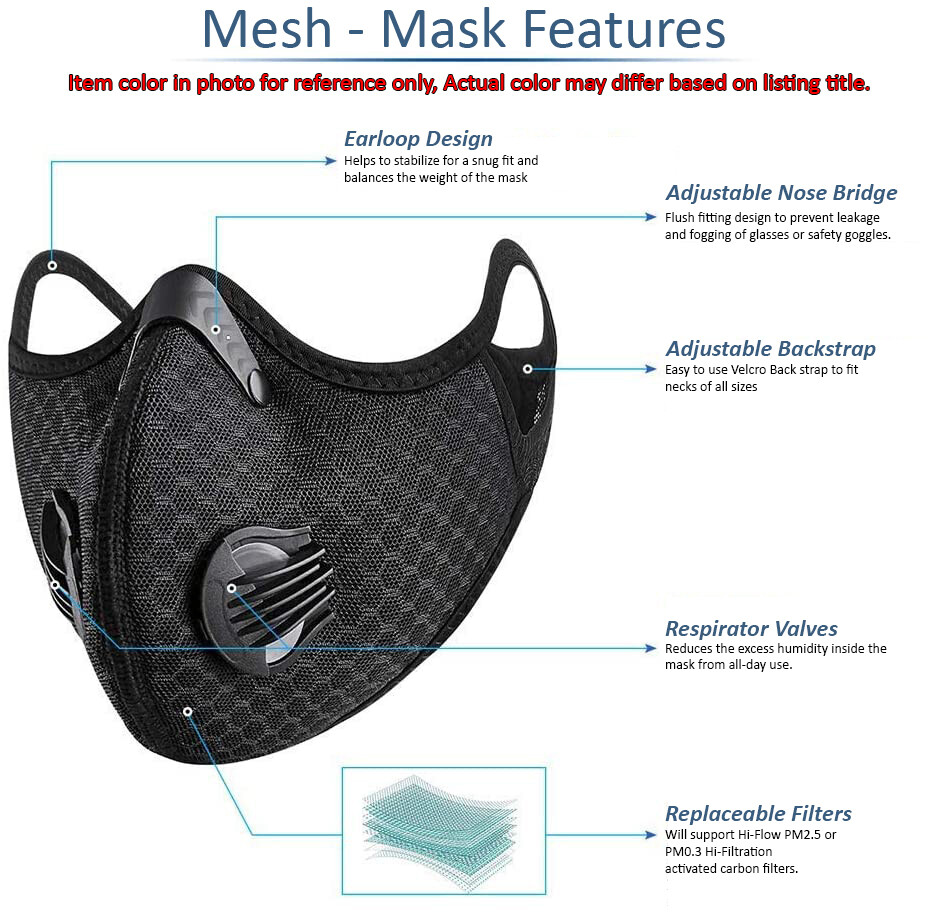 Nylon Mesh Face Mask w/ Replaceable PM2.5 HEPA Carbon Filter (Solid Black)