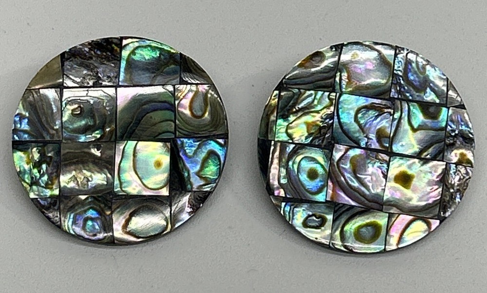 Two Vintage Abalone Sewing Buttons Plastic Shank Tile Design