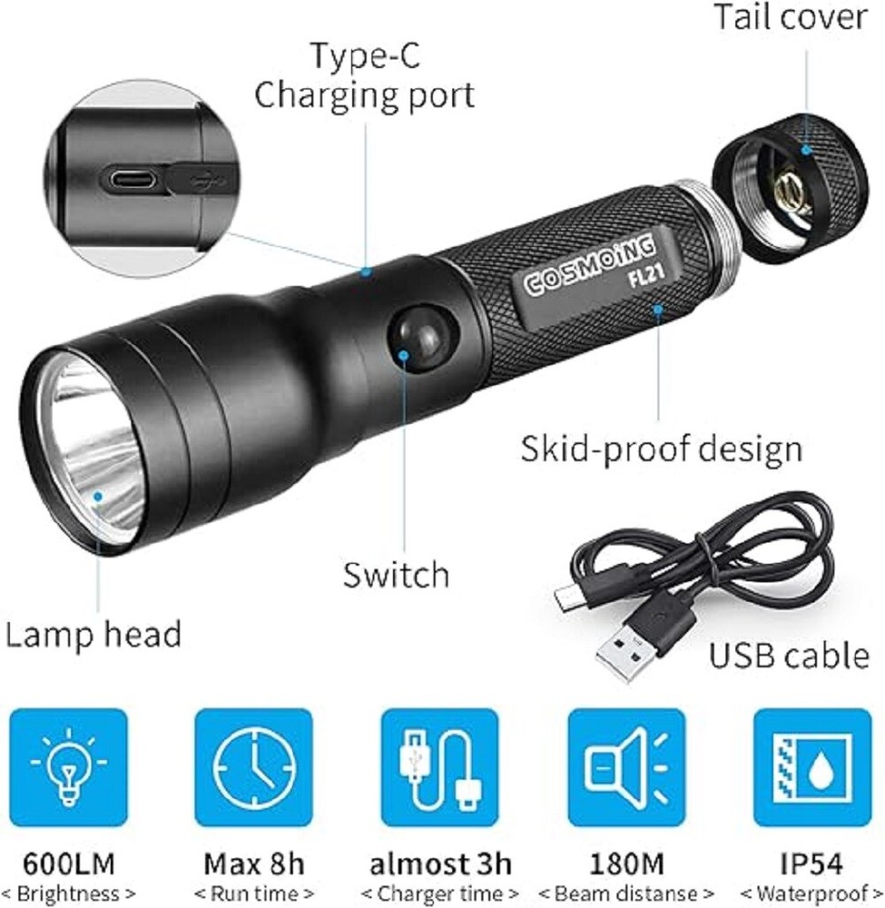 600 Lumen LED Flashlight USB C Rechargeable, IP65 Waterproof Handheld Flashlight