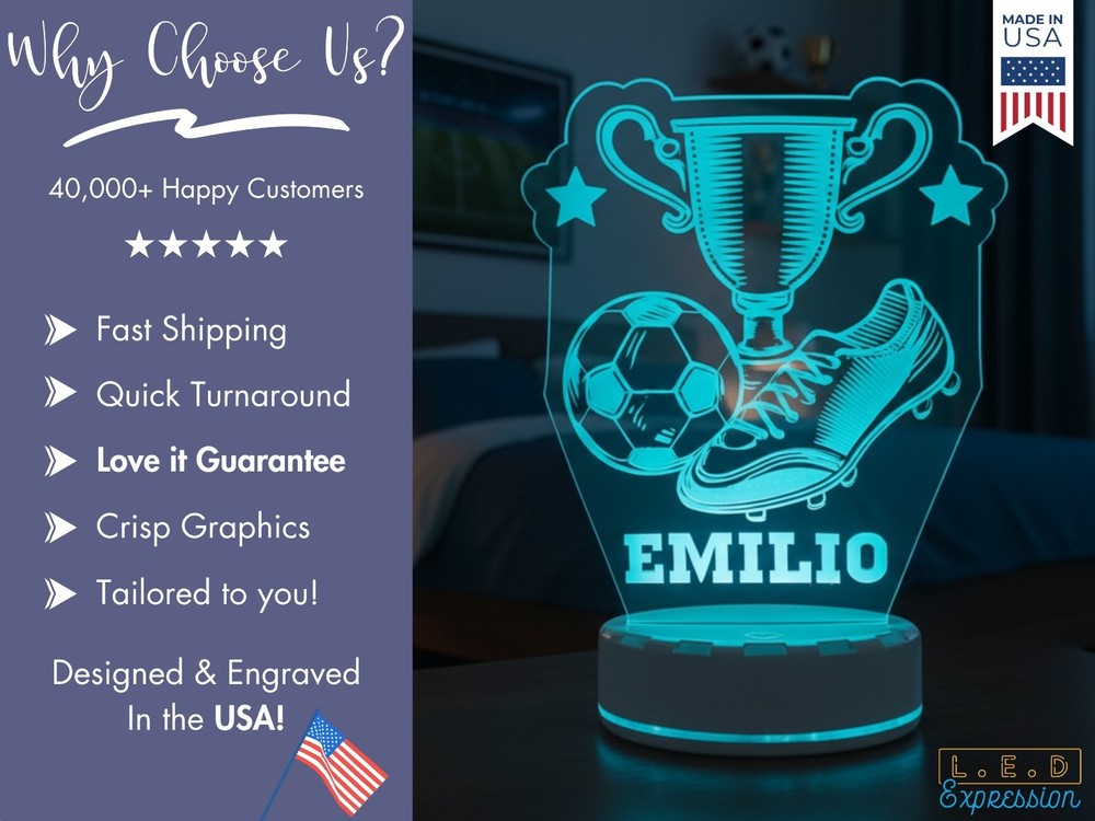 Personalized Soccer Trophy Night Light - Custom LED Lamp for Player Gift