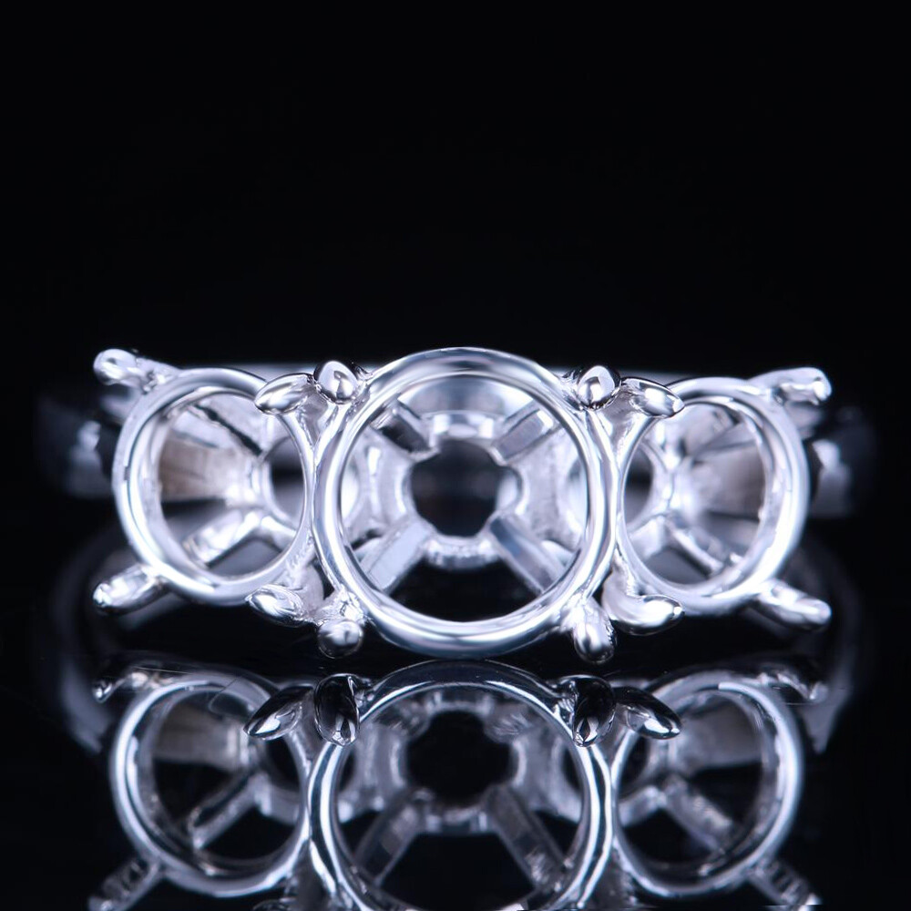 Solid 10K White Gold Three-Stone 8mm&6mm Round Empty Ring Setting