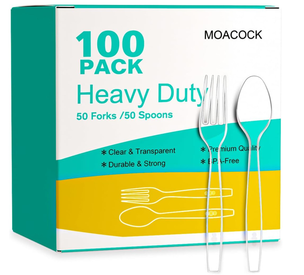 100 Count Plastic Silverware, Heavy Weight Plastic Forks Spoons Disposable Utens