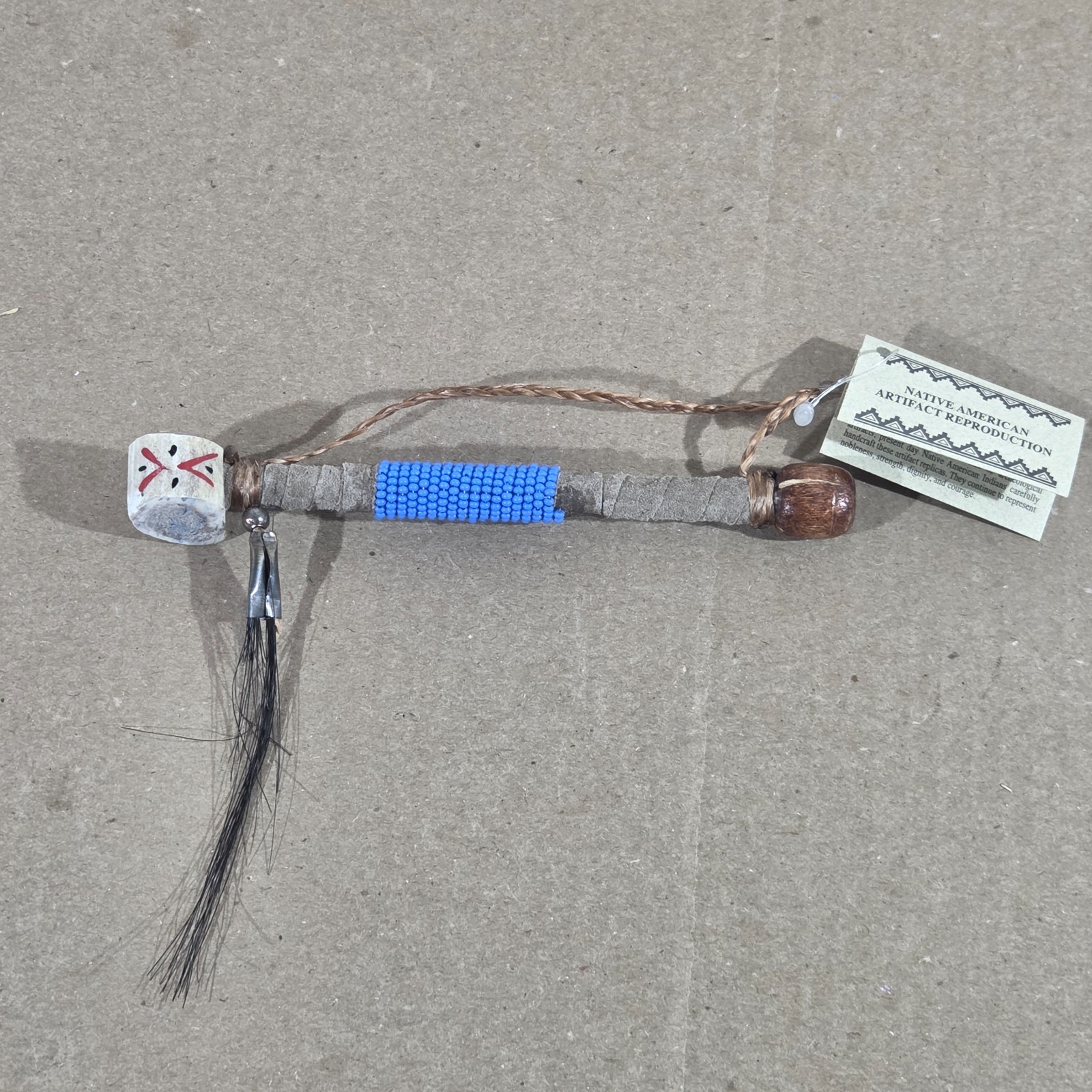 Authentic Navajo Peace Pipe 6" Handcrafted Blue Beads leather wood stag