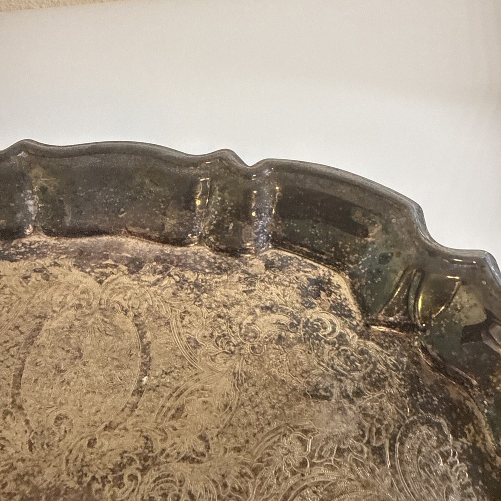 Vtg Silver Platter Tray Etched Scrollwork Footed Serving Leonard Silver