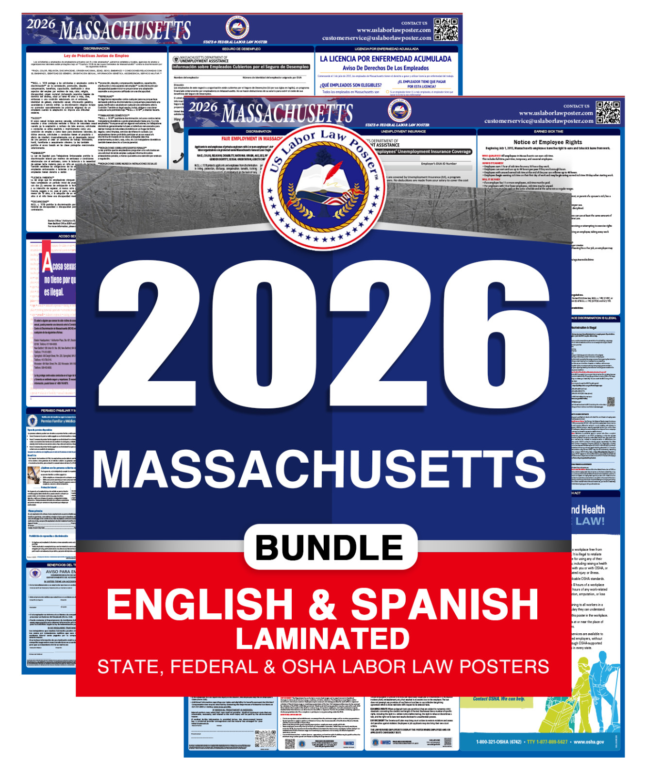 2026 Massachusetts MA LABOR LAW POSTER (Federal & State) Bundle Laminated