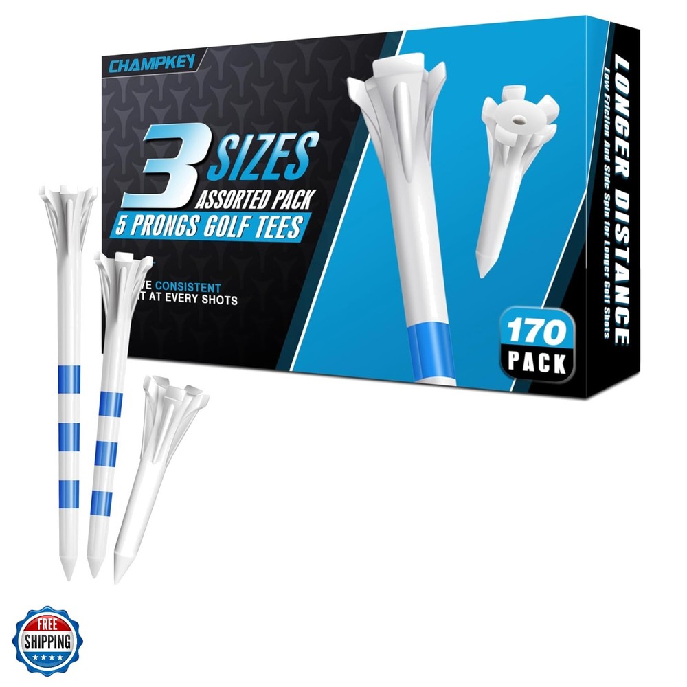 Professional 170 Pack 5-Prong Plastic Golf Tees 3 Sizes Assorted Pack - 100 P...