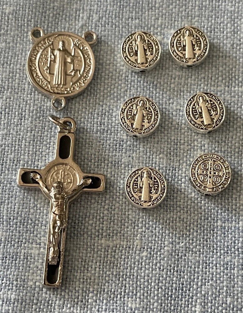 Saint Benedict Rosary Set Crucifix, Center & Pater Set 8 Pcs Silver Tone