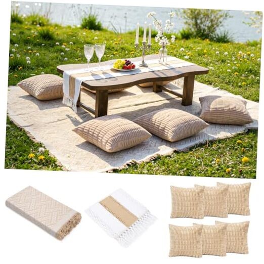 Extra Large Outdoor Boho Picnic Blanket with Table Runner and 6 Throw Pillows