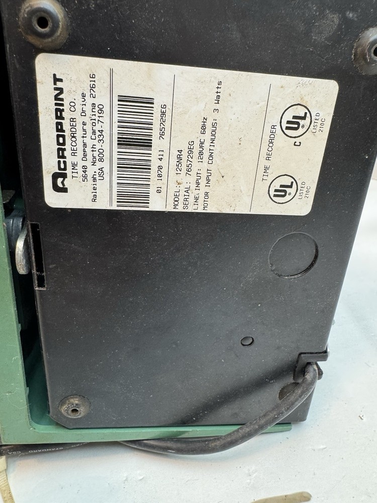 Acroprint Time Recorder Clock Machine 125NR4 Not Tested No Key