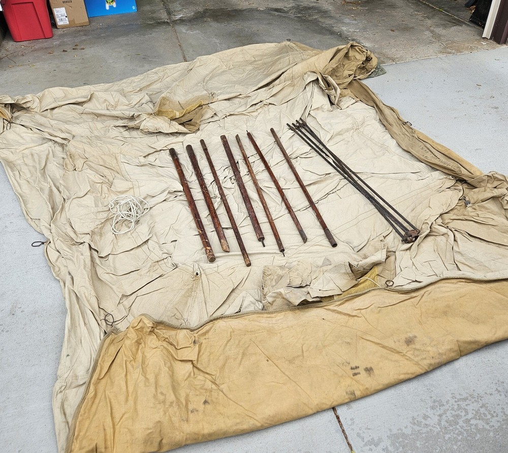 WW2 World War II O.D. 9' Zipper Front Tent with 7 Stakes Poles in Duffle Bag