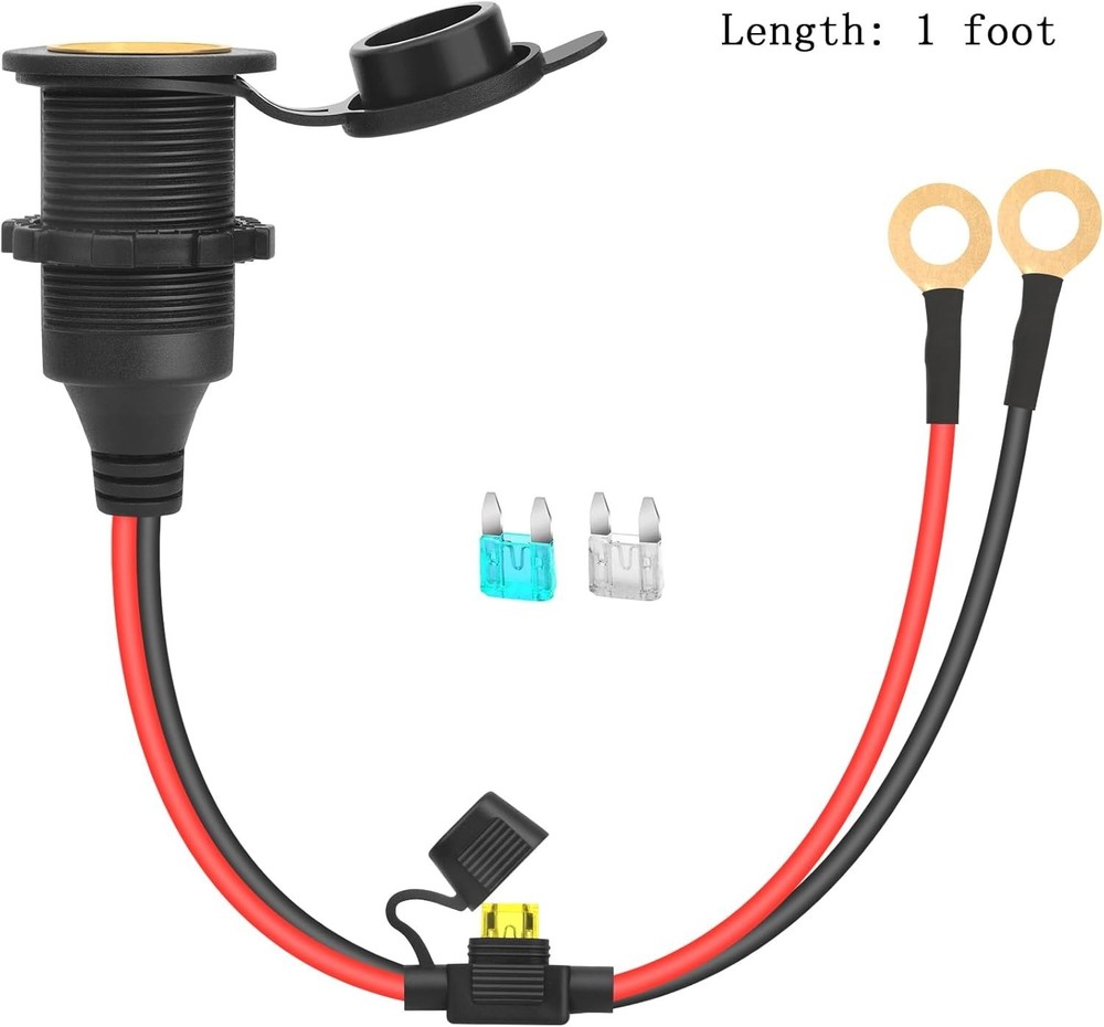 2pcs 1FT 12V/24V Fixed Thread Cigarette Lighter Socket Extension Cable Automo...