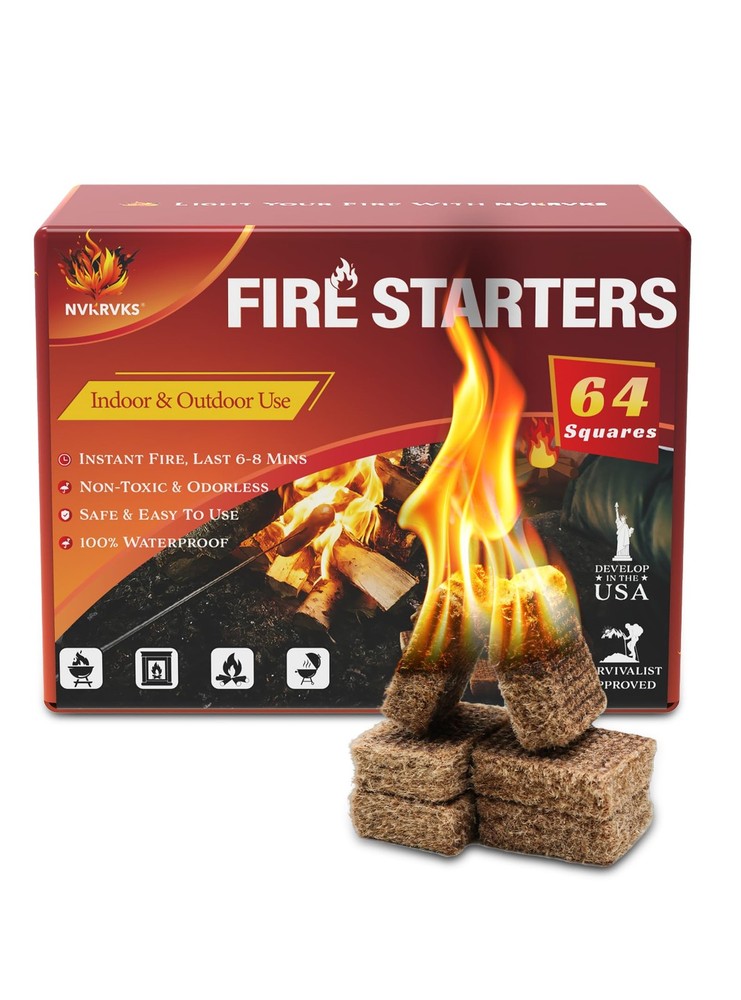 Fire Starter Squares 64Pack Easy-Burning Natural Waterproof Camp Grill Fireplace