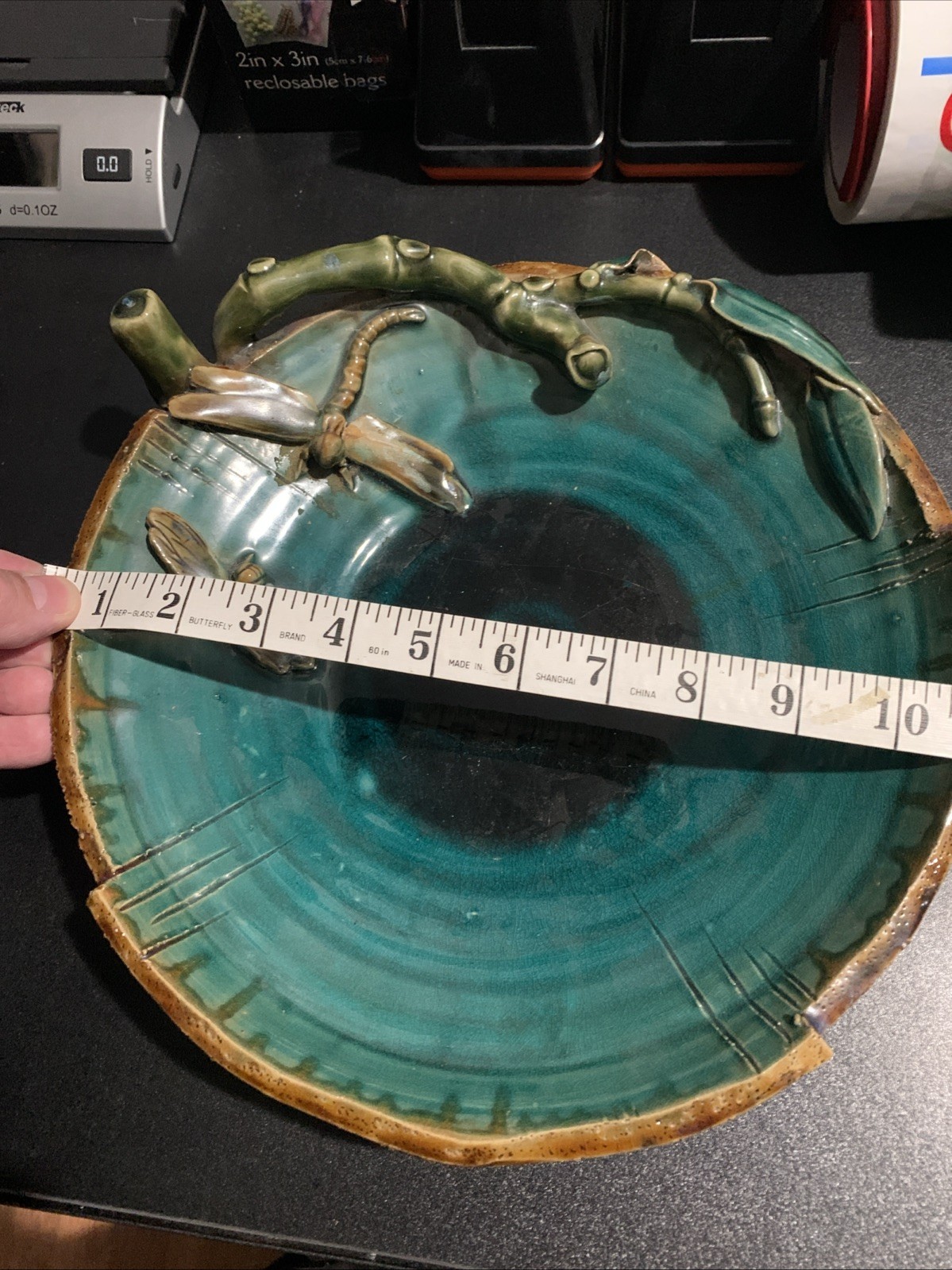 Vintage Mission Style Pottery Dragonfly Collectable Art Pottery Green Bowl 11"