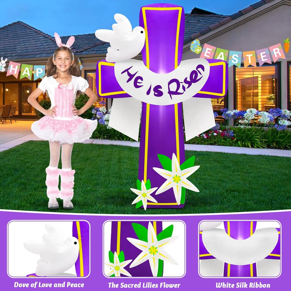 MICOCAH 4.5FT Easter Inflatables Outdoor Decorations He is Risen Inflatable Cros