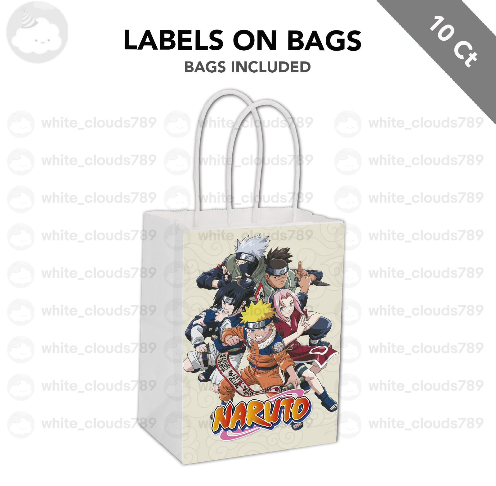 10 Naruto Label on White Kraft Gift Bag Birthday Party Favor 5.5 x 8 Birthday