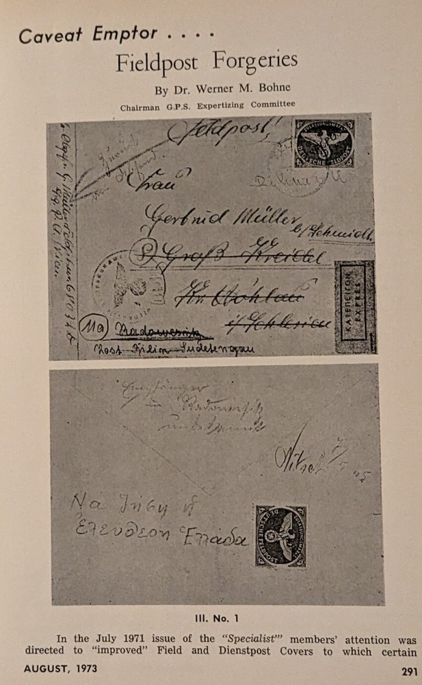 German Postal Specialist Aug 1973 Prewar Nazi Currency Censor Label