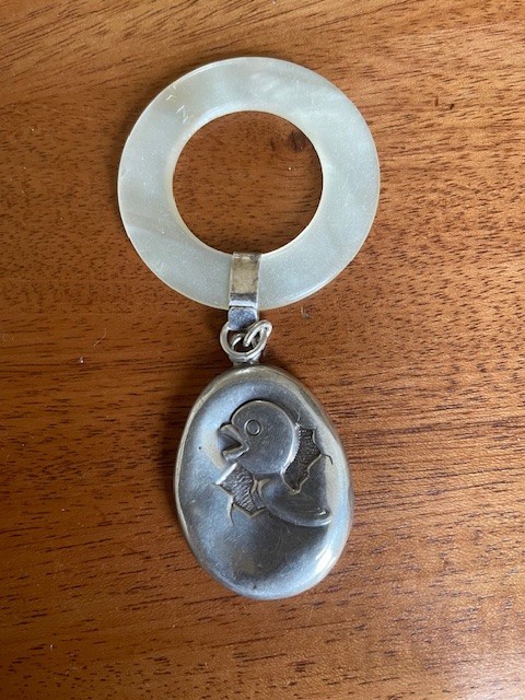 Vintage Silverplate Baby Rattle Chick Hatching Mother of Pearl Teething Ring
