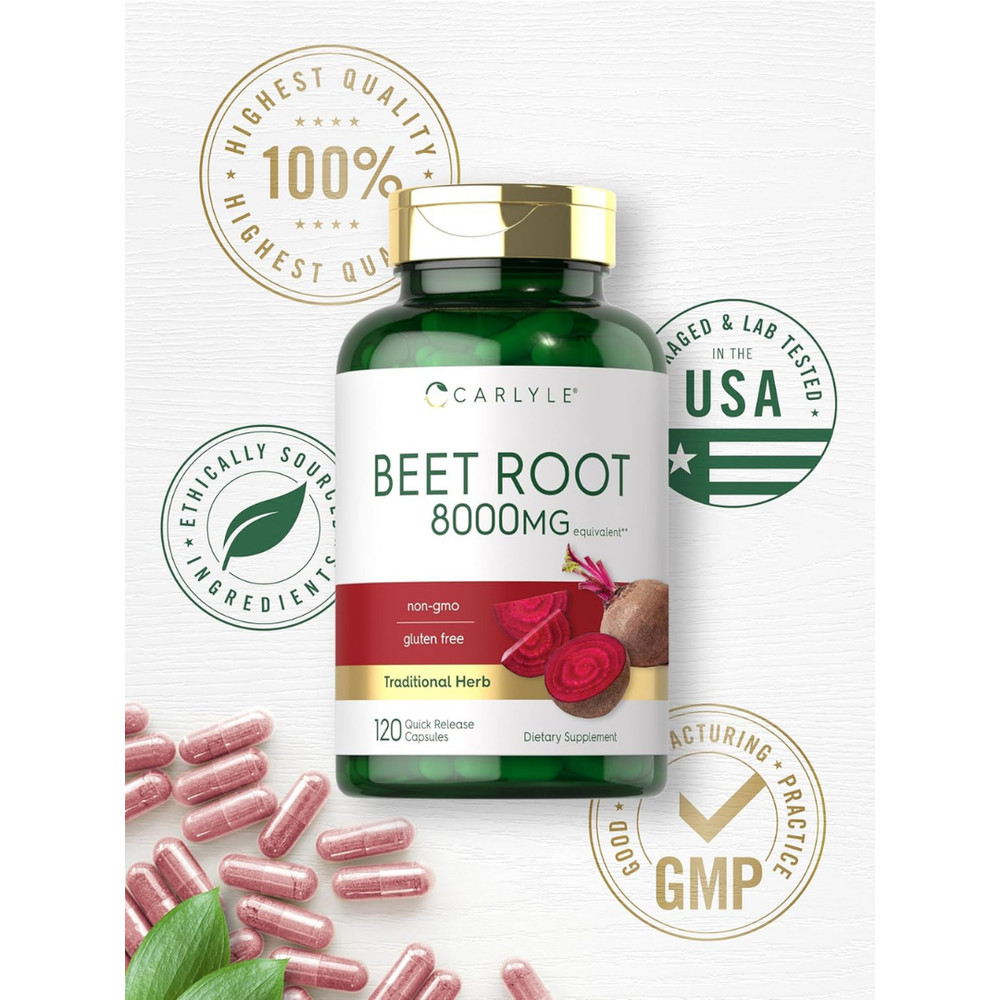 USDA Organic Extra Strength Beet Root 20:1 Extract 8000 mg Strength 120 Capsules