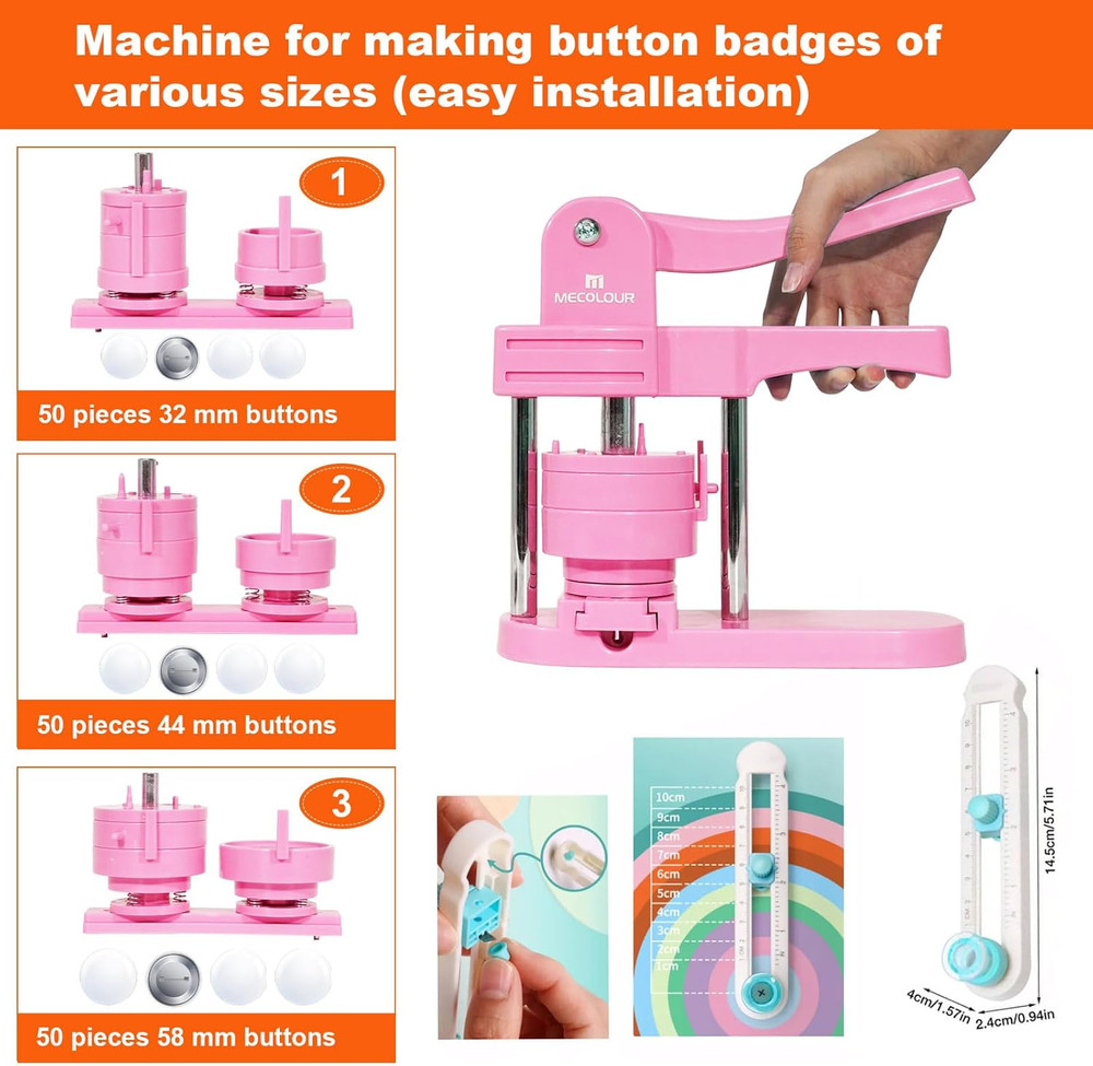 Versatile Button Maker Machine with 150 Supplies - DIY Pinback Buttons (Pink)