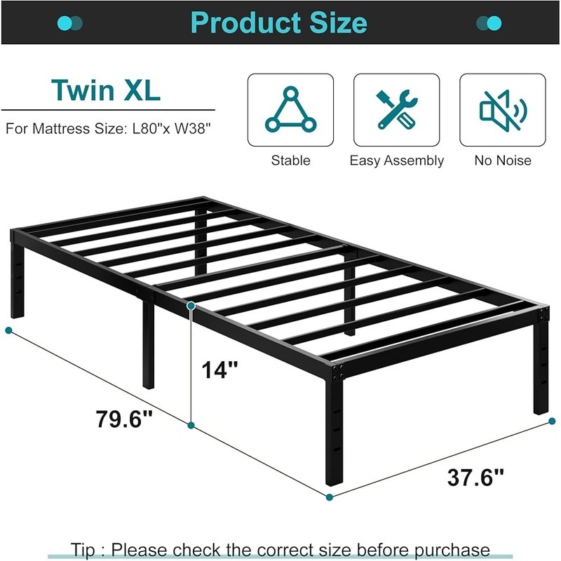 Twin XL Bed Frame Metal Multi-Angle Support Easy Assembly Under Bed Storage New