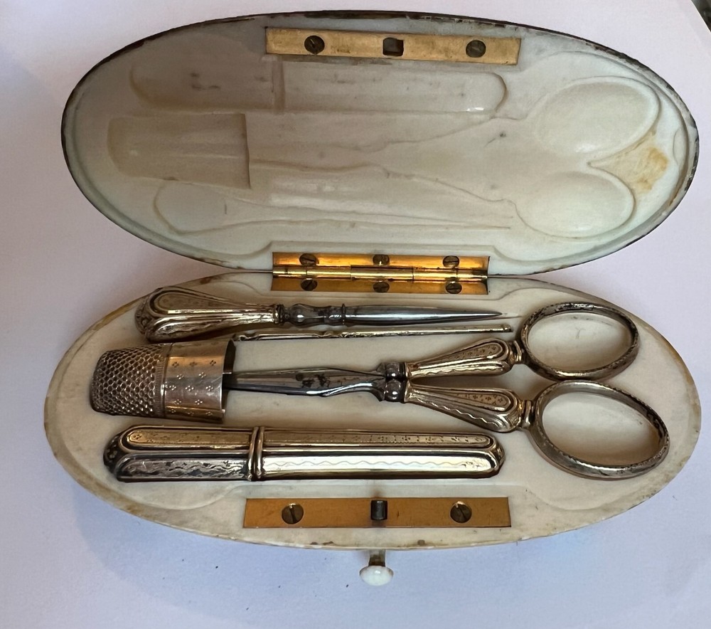 Exquisite 1920s GOLD 5 piece Sewing Kit, handpainted case