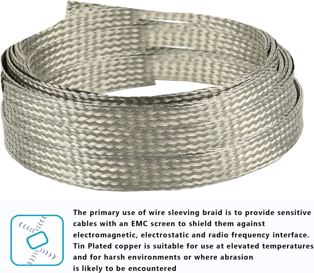 Wire Shielding Braid Ground Strap Tinned Copper Metal Cable Sleeve Mesh Elect...