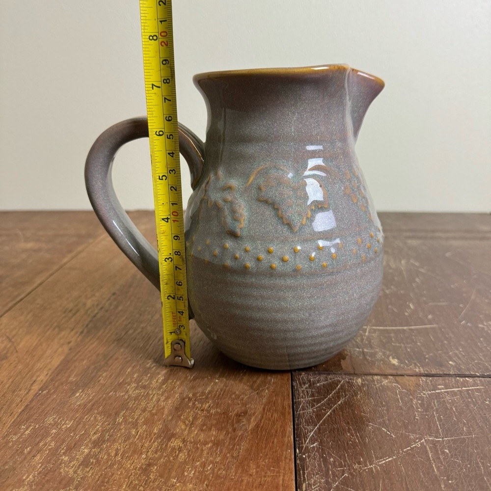 Vintage Handmade Purple Gray Glazed Grape Embossed Ceramic Pitcher