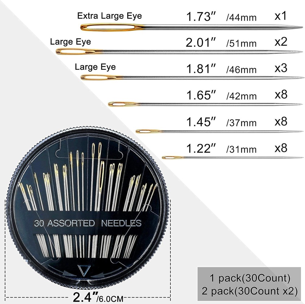 60 Pack, Premium Sewing Needles for Handsewing, Assorted Sizes, 6 Sizes Sewing S