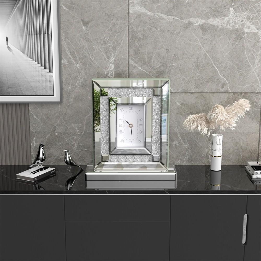 High-end Mirrored Desk Clock Crushed Diamond Table Clock Silver Glass Edge Frame