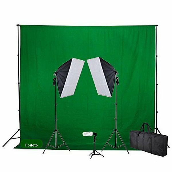 Fodoto 3-Point Continuous Softbox Lighting Kit w/Green Backdrop Kit & Stand