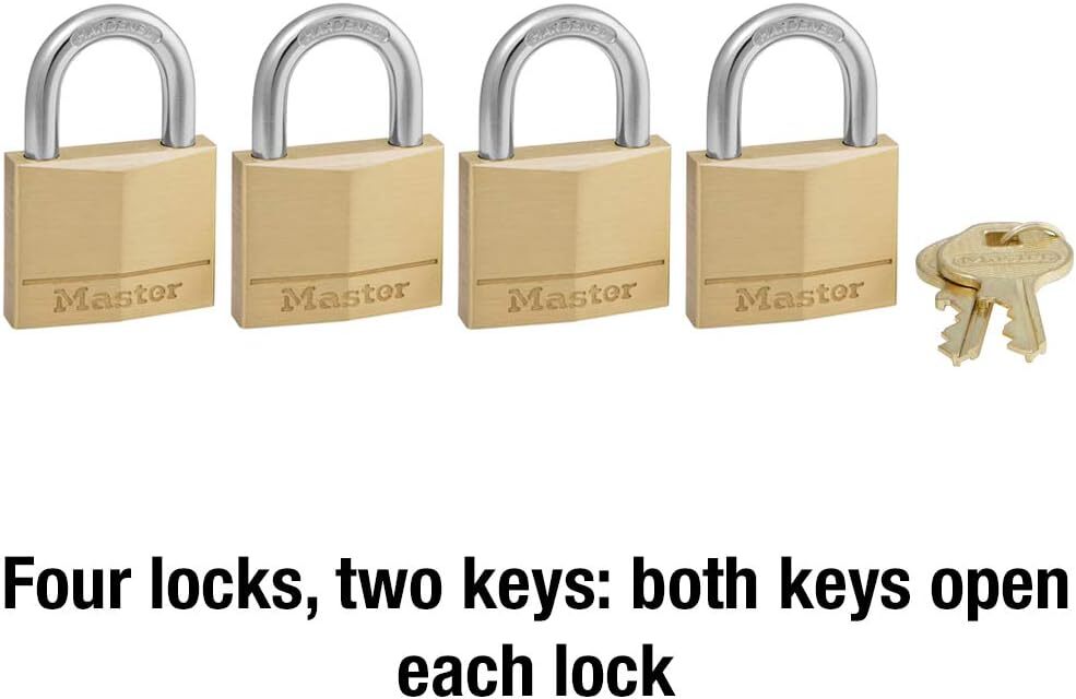Master Lock 140Q Solid Keyed Alike Padlocks, 4 Pack, Brass, Silver