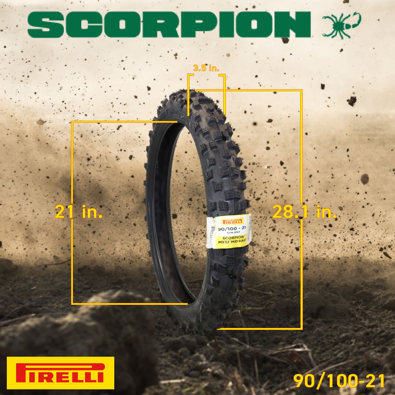 Pirelli Scorpion MX32 Mid-Hard 90/100-21 (57M) Front Motocross Tire NHS TT