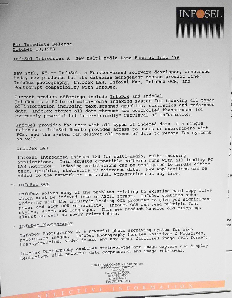 1989 Infosel Press Kit -Introducing Infodex multi-media database for journalists