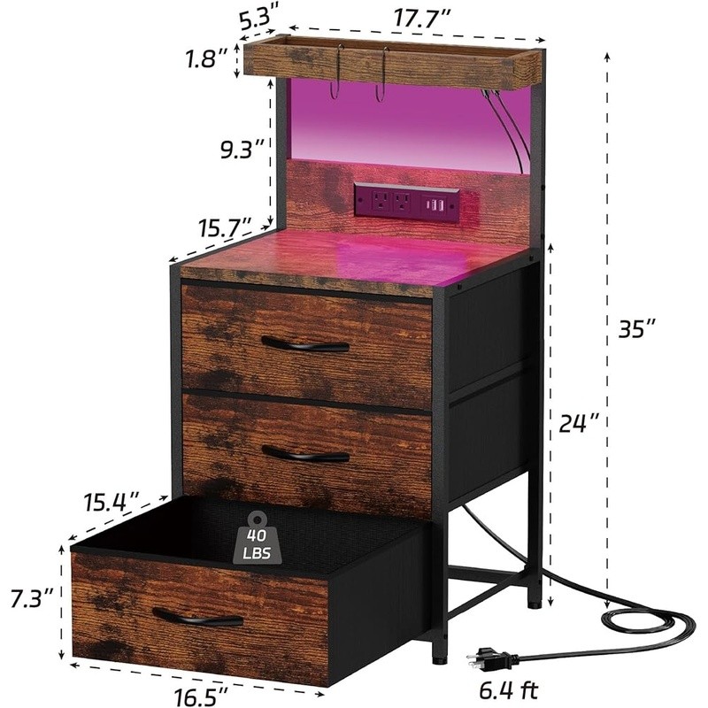 LED Light Strip Charging Nightstand W/ Storage Drawers & Hooks Easy Assembly New