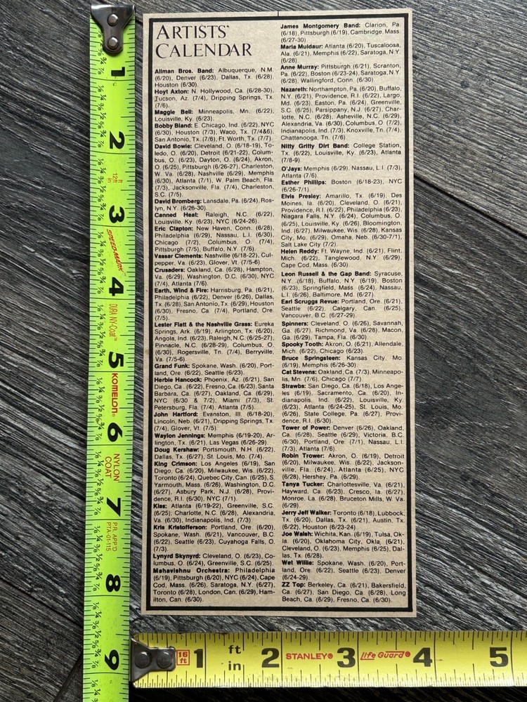 KISS Concert Ad 1st Tour Calendar 1974 Original Show Dates Vintage Kiss Aucoin B