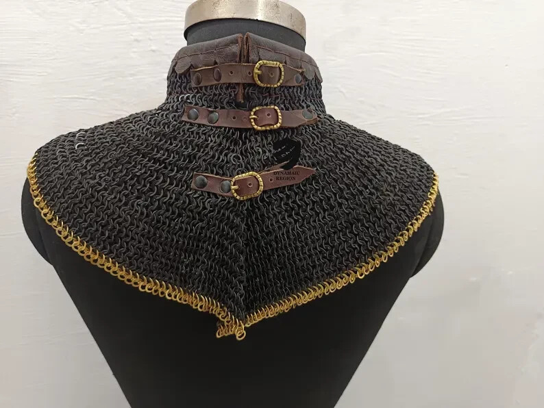 Chainmail Collar 6mm Flat Ring Riveted With Brass Trim Medieval Gorget