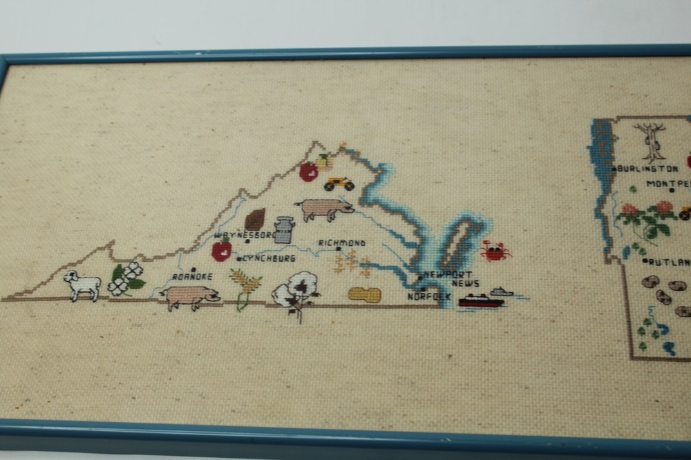 Virginia State Map Cross Stitch Framed Embroidery Needlepoint Needlework 17x9 in
