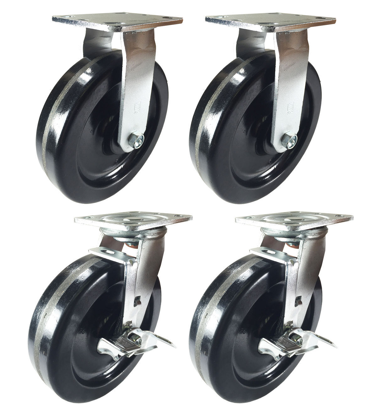 4 Heavy Duty Caster Set 8" Phenolic Wheels Rigid Swivel and Brake