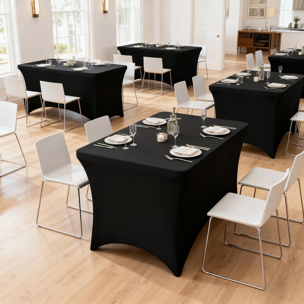 4FT Black Table Cloth - 2 Pack, Fitted Stretch Rectangle Spandex Tablecloth, ...