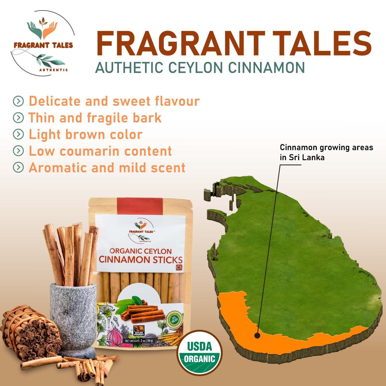Ceylon/Sri Lanka Organic Cinnamon Sticks, 3", High quality : 2 Oz, 56g